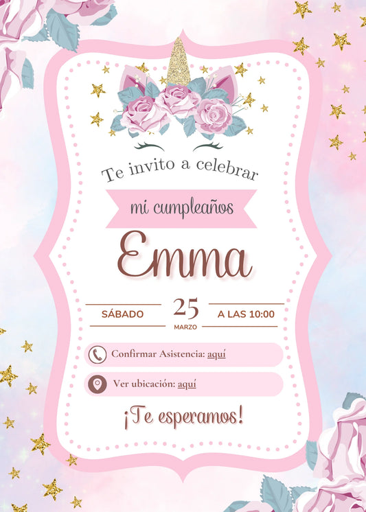 Invitación Digital Cumpleaños Unicornio Pink